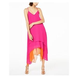 Bar III Women’s Coquette Handkerchief Tiered Boho Flowy Swing Dress Size XL Pink